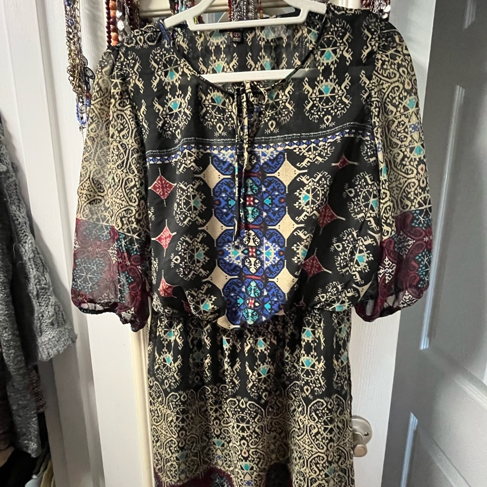 Multicolor sinched waist Patterned knee length Dress